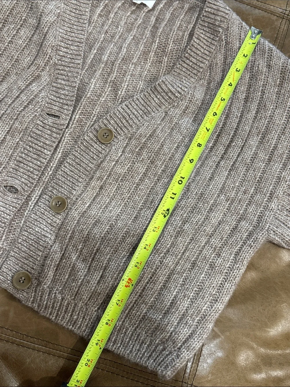 MATE the Label Luxe Alpaca Ribbed Button-Front Cardigan in Bark Taupe Small